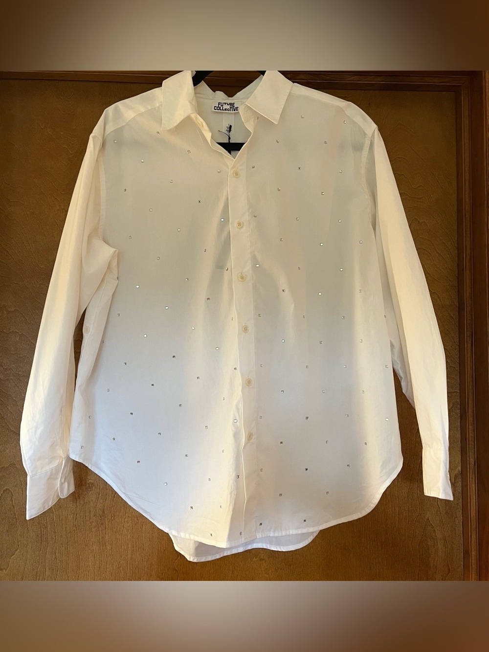 NWT Rhinestone Embellished White Button-Up Shirt
